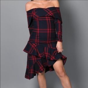 BY EGREIS Elian Plaid Off-Shoulder Dress XS